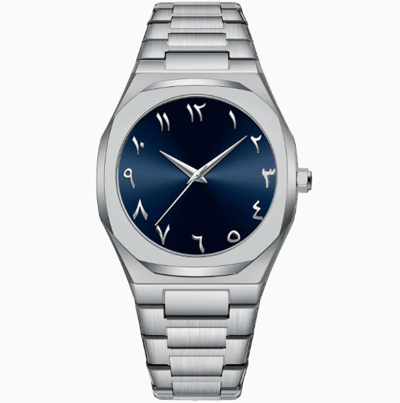 Silver watch with a blue face on a white background