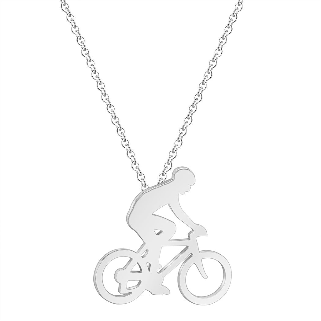 Silver necklace with a cycling pendant on a white background