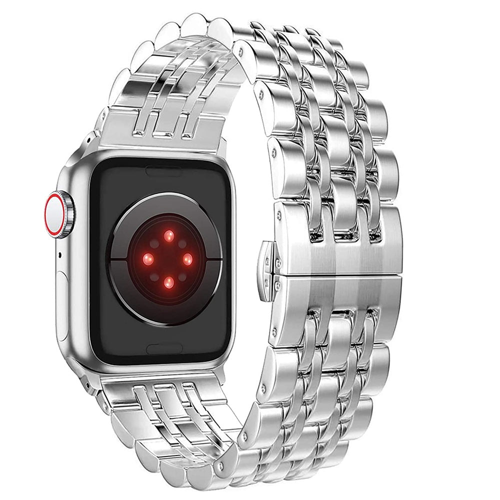 Silver smartwatch with a detailed metal band on a white background