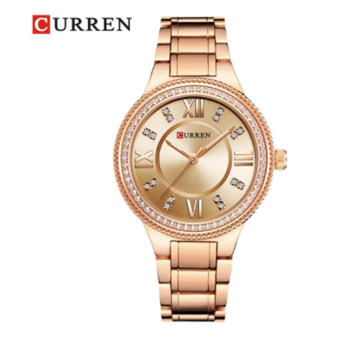Rose gold watch with diamond accents on a white background, featuring the brand 'Curren'.