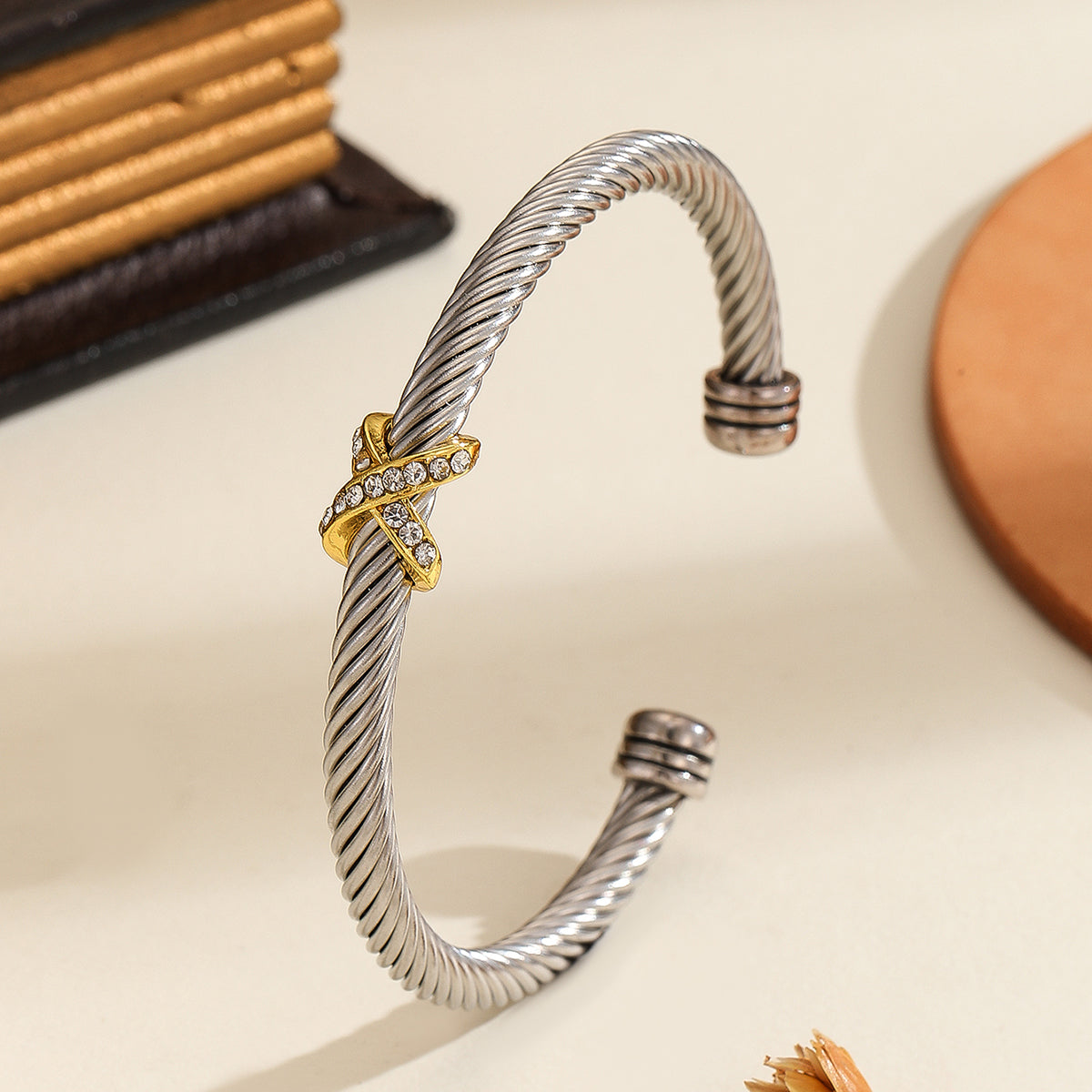 Stainless Steel Zircon Rope Bracelet | Gold & Silver Dual-Tone Unisex Bangle