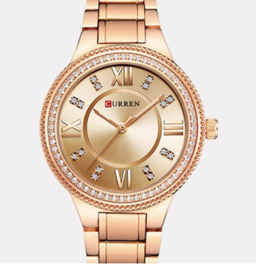 Gold watch with rose gold band and diamond accents on a white background