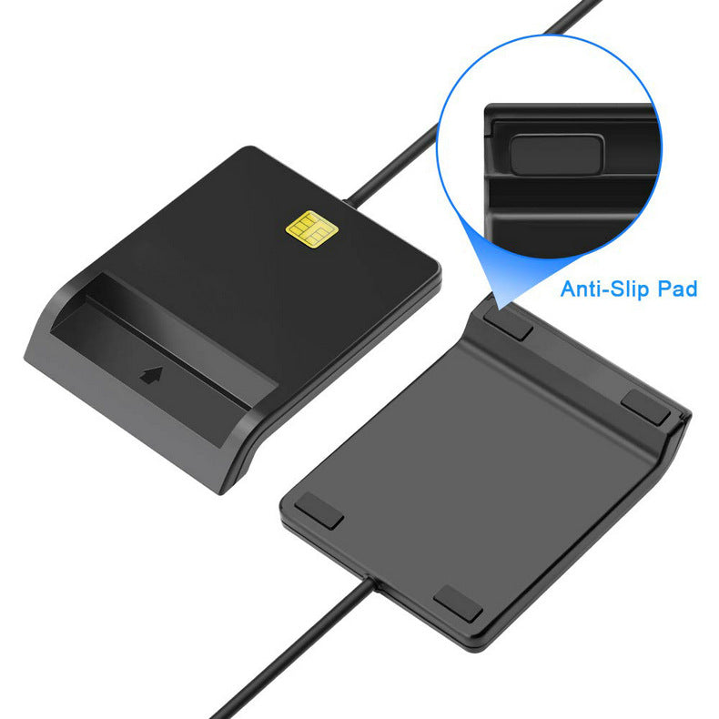 Black card reader with an inset highlighting the anti-slip pad on a white background