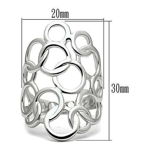 Silver ring with interlocking loops and measurements on a white background