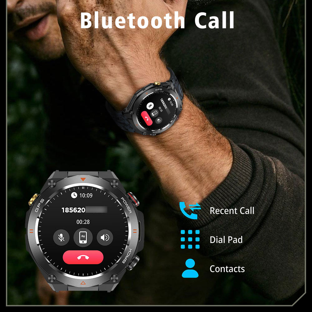Smartwatch on a wrist with Bluetooth call interface displayed, showing recent call, dial pad, and contacts.