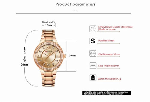 Rose gold watch with detailed specifications on a white background