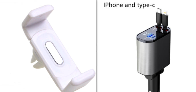 White phone holder on the left and USB charger with multiple ports on the right, labeled for iPhone and Type-C compatibility.