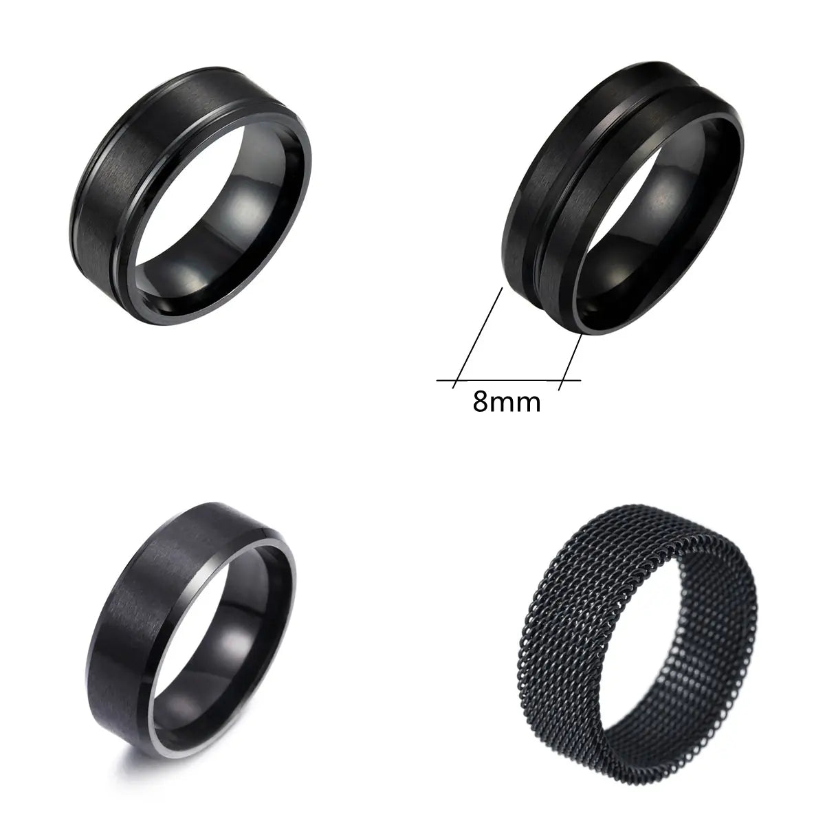 Four black rings with different designs on a white background