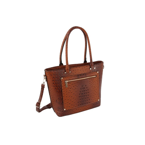 Brown leather handbag with embossed pattern on a white background