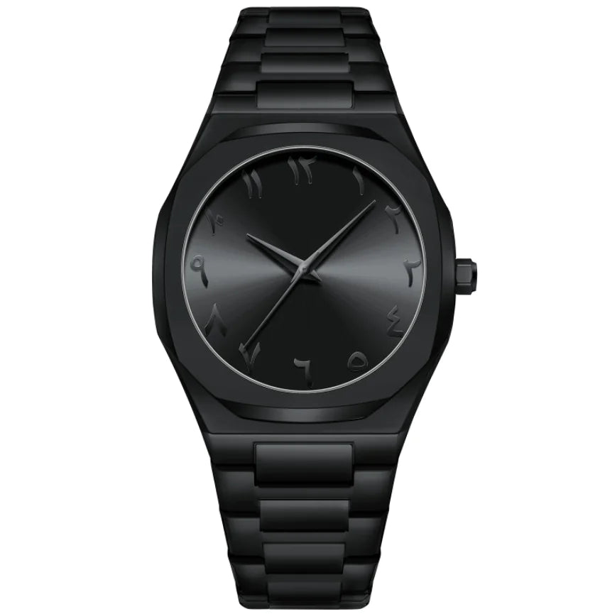 Black wristwatch with a metallic band on a white background