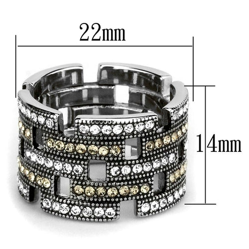 Silver ring with gemstones and measurements on a white background