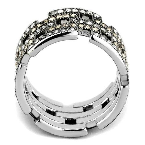 Silver ring with diamond accents on a white background