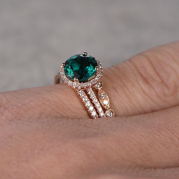 Rose Gold Emerald Ring Set - 3-Piece Engagement