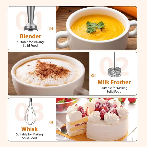 Collage of food items with text labels for Blender, Milk Brother, and Whisk.