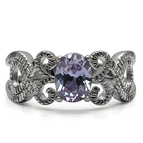 Silver ring with a purple gemstone on a white background