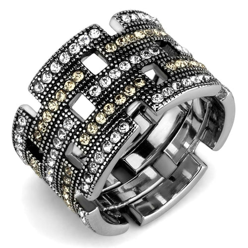 Silver ring with embedded stones on a white background