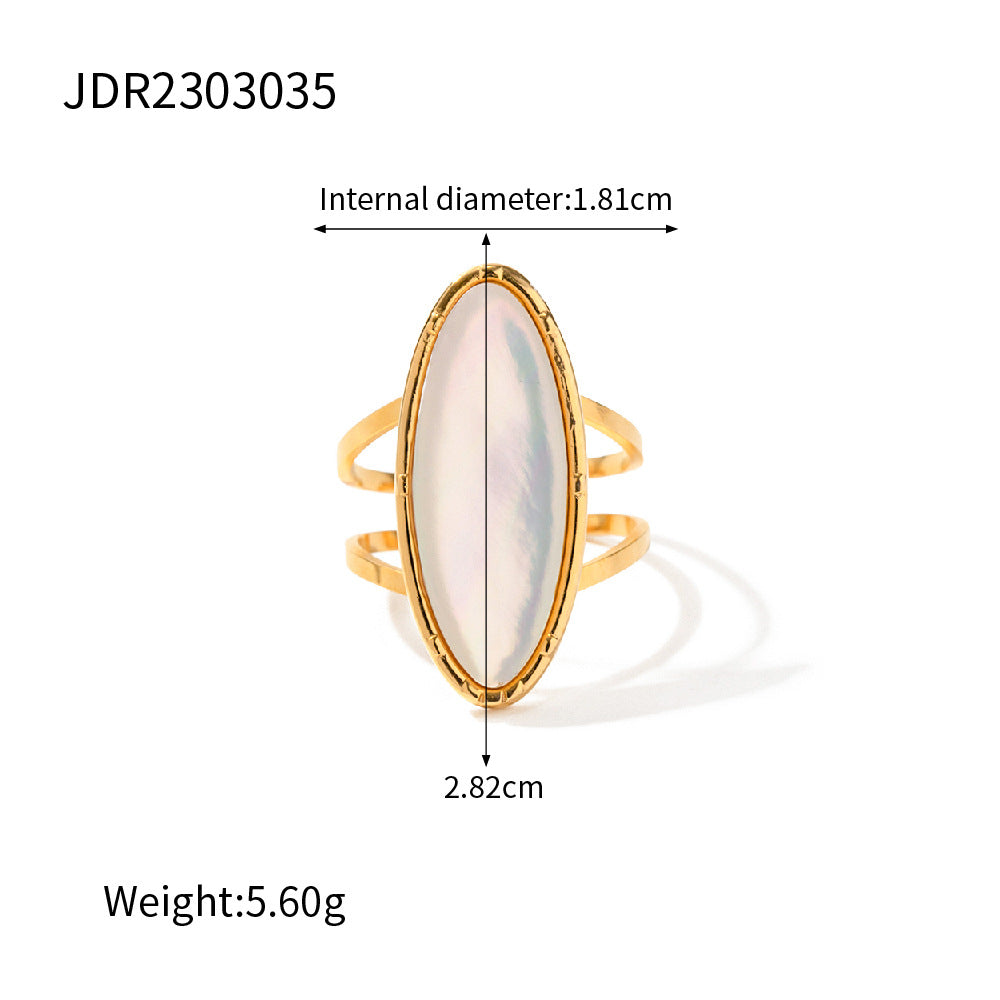 Gold ring with a white stone, showing measurements and weight on a white background.
