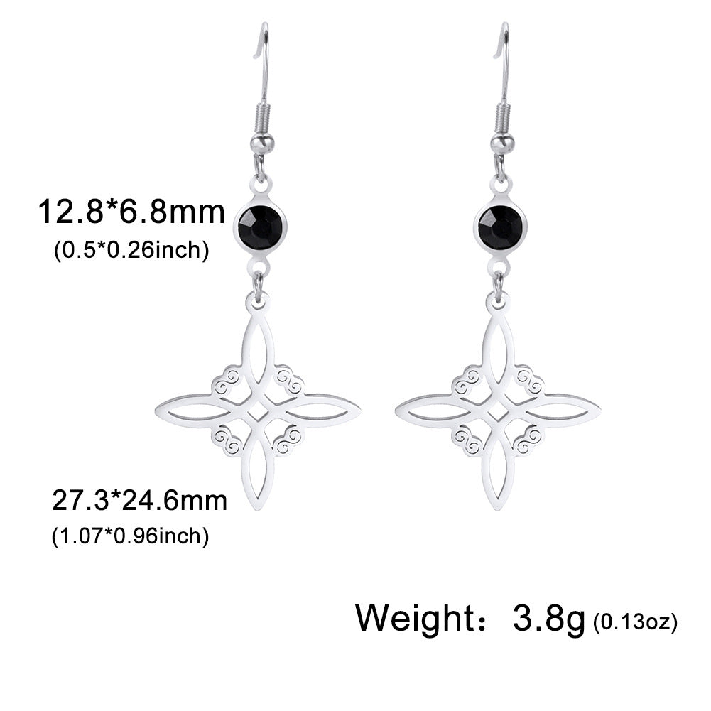 Silver earrings with black stones and measurements on a white background