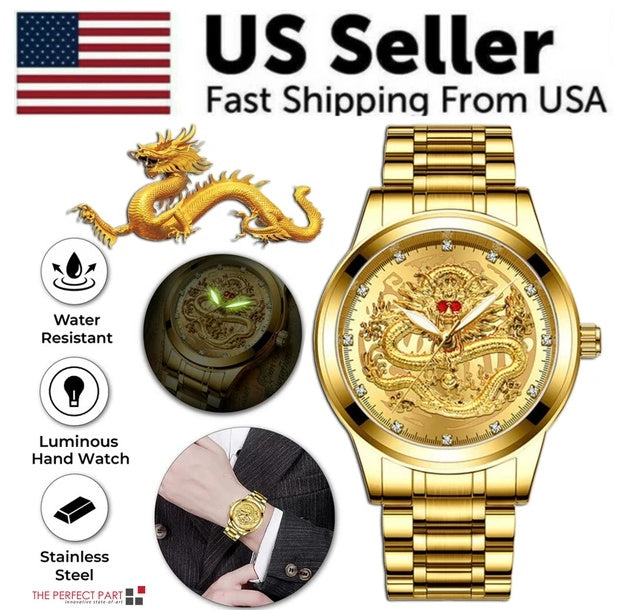 Gold wristwatch with dragon design, features listed, and US seller branding.