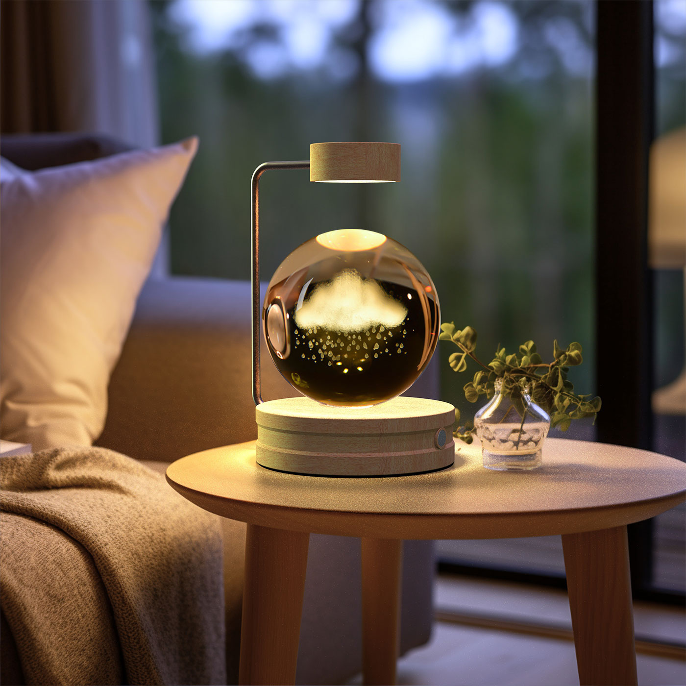 Modern decorative lamp on a small table in a cozy living room setting.