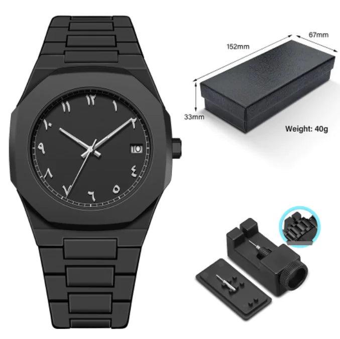 Black watch with packaging and components on a white background