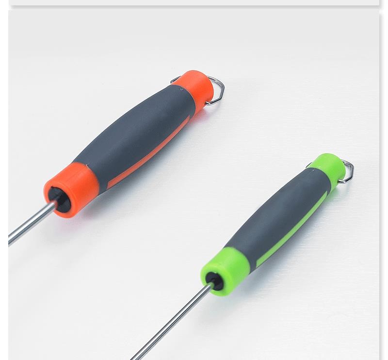Two screwdrivers with black, orange, and green handles on a white background