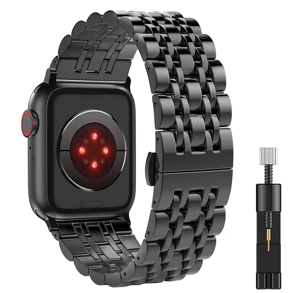 Black metal watch band with tool on a white background