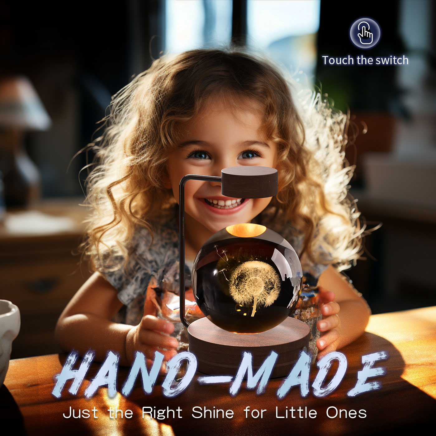 Child holding a crystal ball with 'Hand-Made' text and 'Just the Right Shine for Little Ones' text.