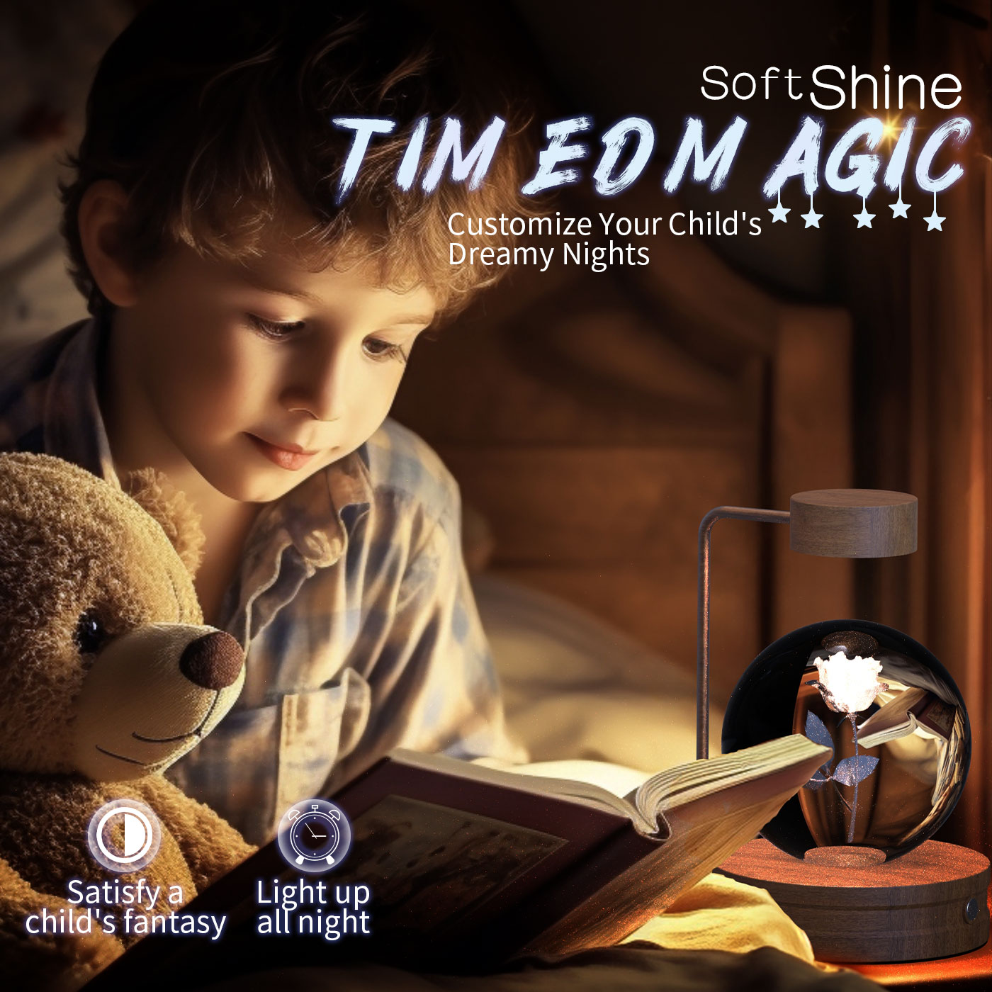 Child reading a book with a teddy bear, surrounded by SoftShine TIM EDM AGIC product.