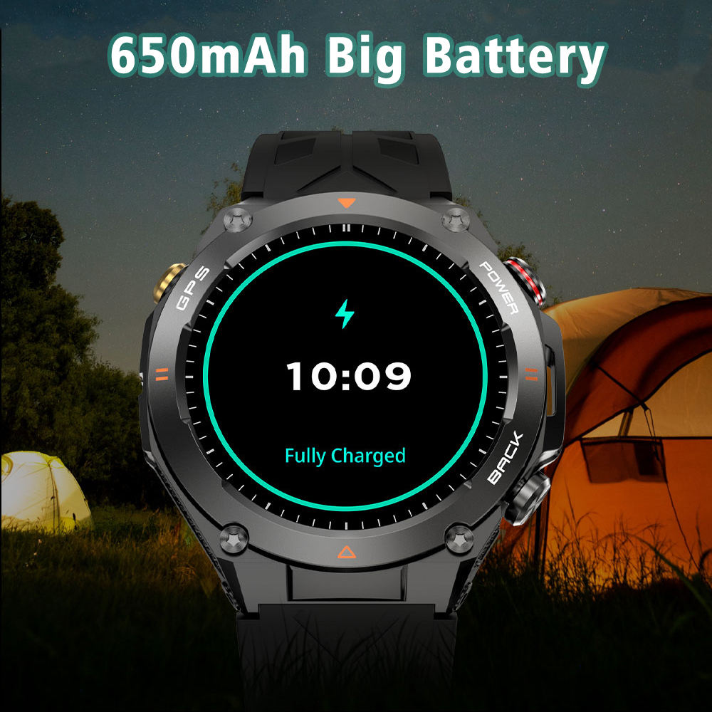 Smartwatch with 650mAh battery indicator in a camping setting