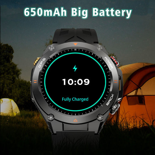 Smartwatch with 650mAh battery indicator in a camping setting