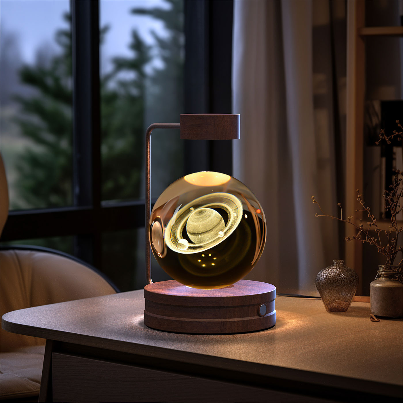 Decorative lamp on a table with a blurred background