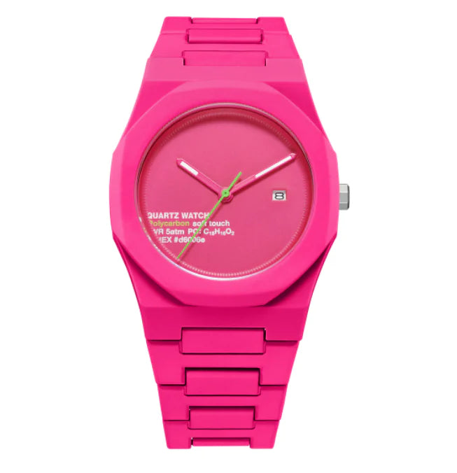 Pink watch with a white face on a white background