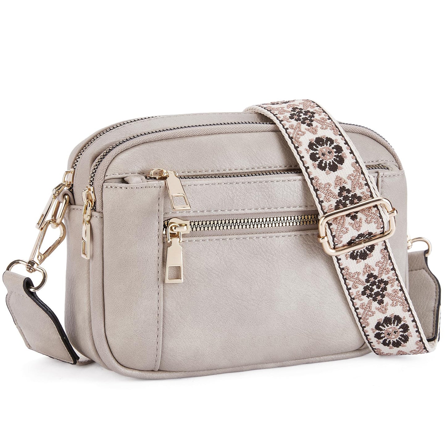 Floral Embroidered Crossbody Bag - Triple-Zip Colorblock Shoulder Bag for Women