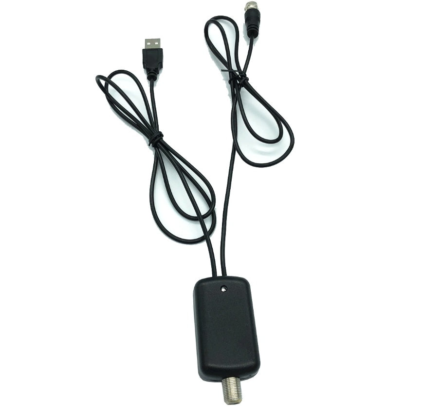 Black electronic device with USB cable and antenna on a white background