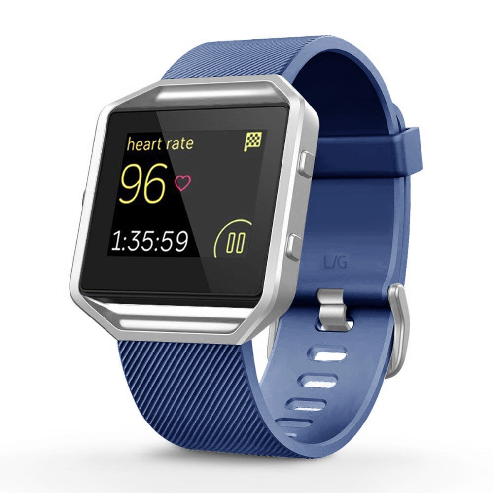 Blue smartwatch with a digital display on a white background