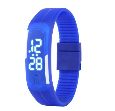 Blue digital watch with a white background