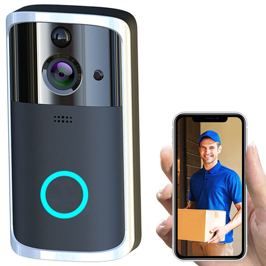 Smart doorbell with a smartphone displaying a delivery person on a white background