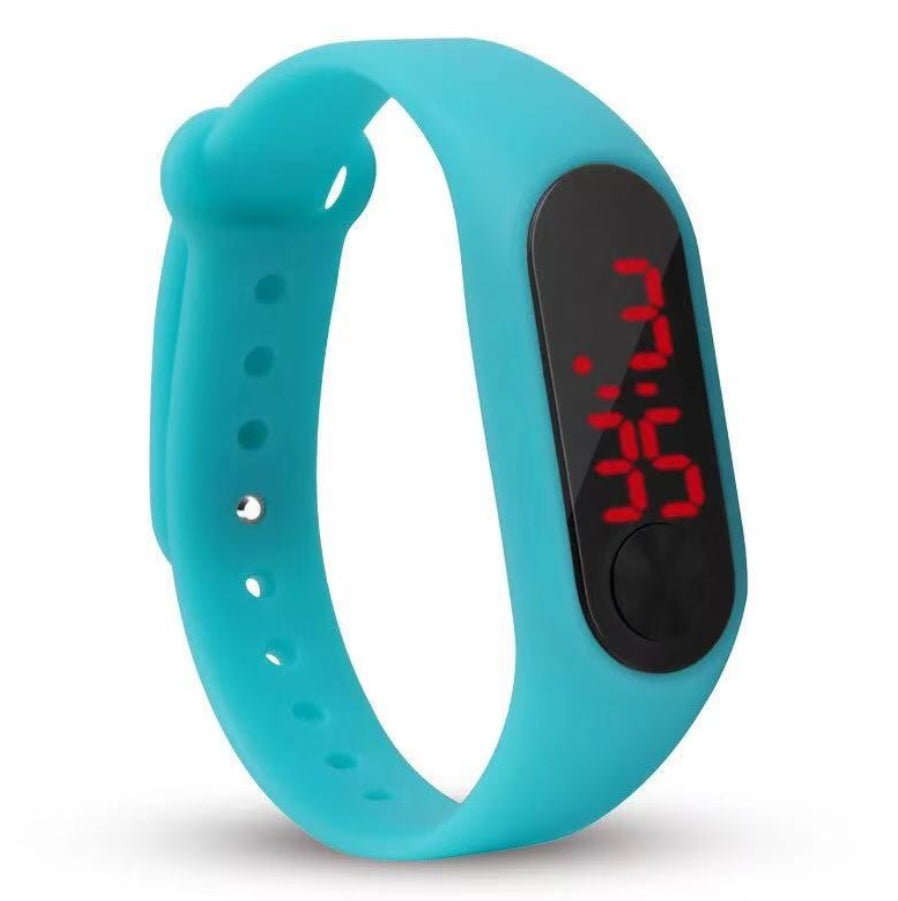 Turquoise digital watch with a black screen on a white background