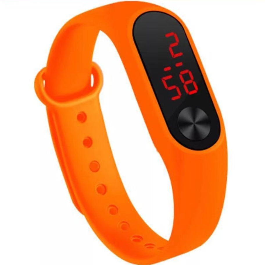 Orange digital watch with a black screen on a white background