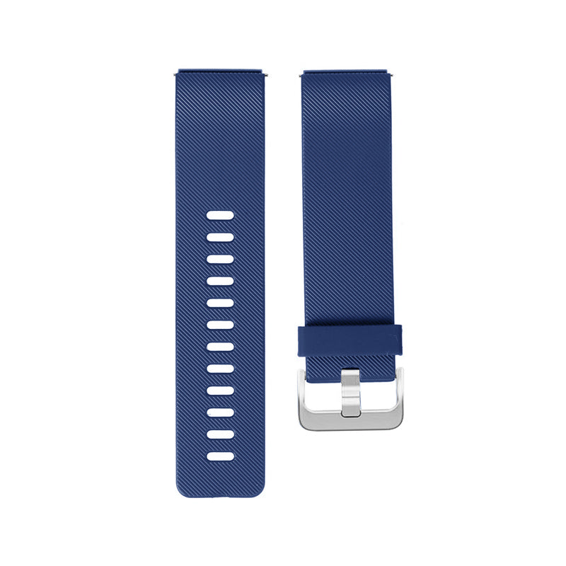 Blue watch strap with silver buckle on a white background