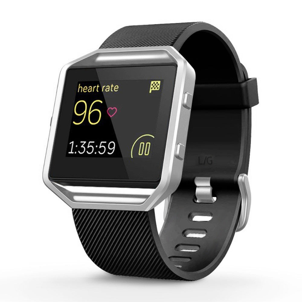 Black smartwatch with a digital display on a white background