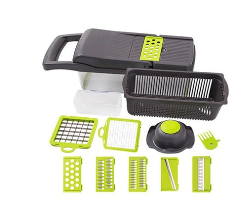 Multifunctional kitchen tool with various attachments on a white background