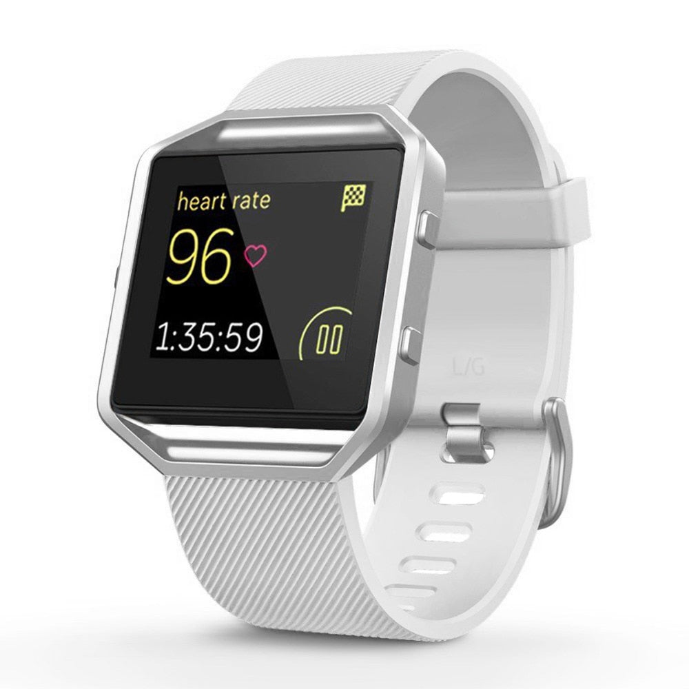 White smartwatch with a digital display on a white background