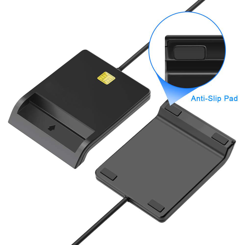 Black card reader with an inset highlighting the anti-slip pad on a white background