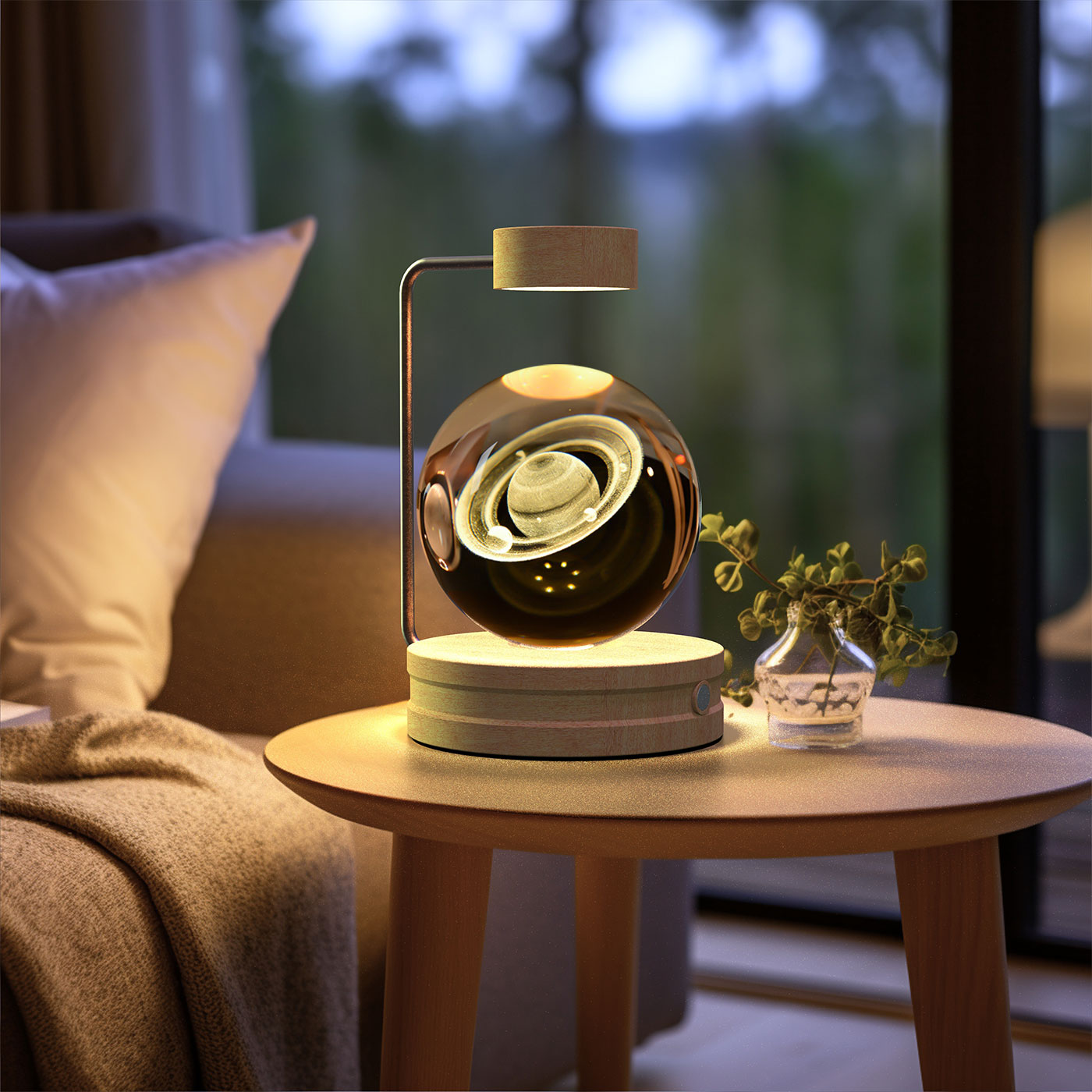 Decorative lamp on a small table with a blurred background