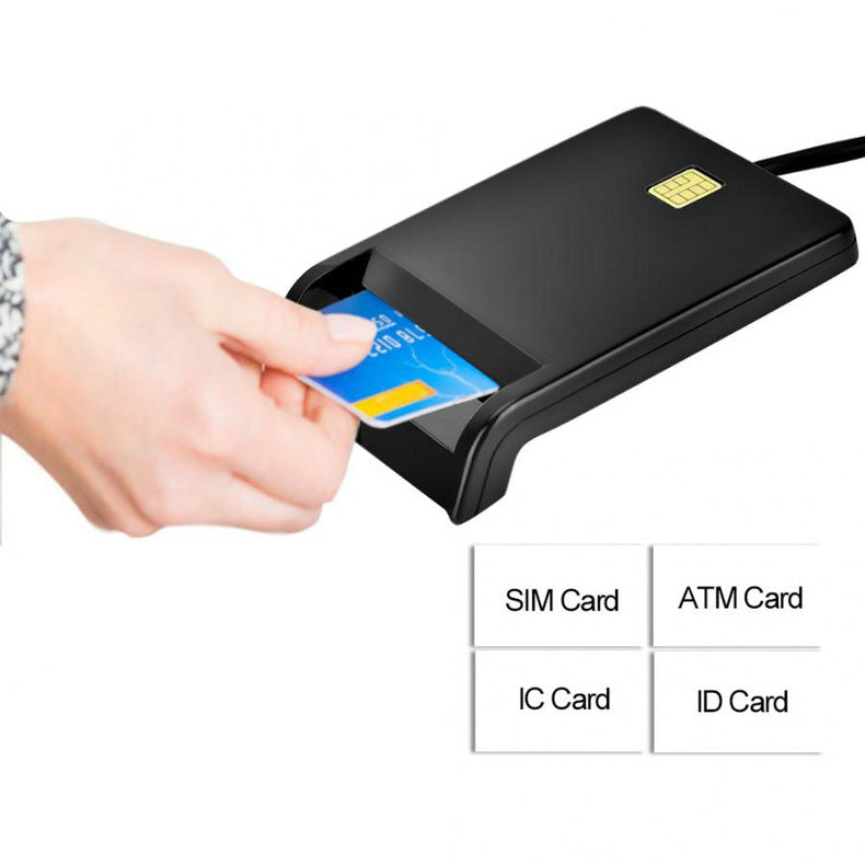 Card reader with a hand inserting a SIM card, ATM card, IC card, and ID card.