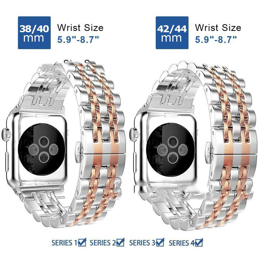 Two metallic watch bands for Apple Watch with size and compatibility information.