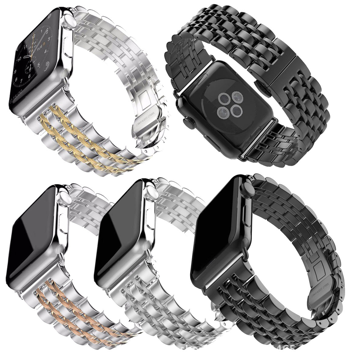 Four metal watch bands in different colors on a white background