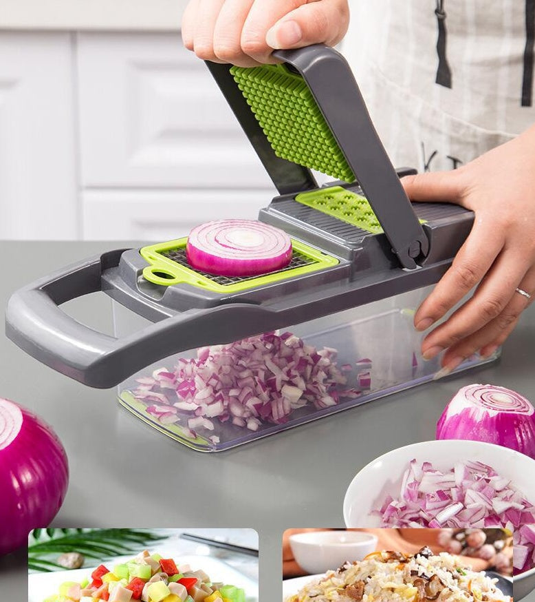 Vegetable chopper being used to chop onions with a person's hands, kitchen setting.